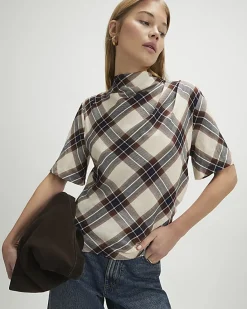 Cream Tartan Print Short Sleeve Top