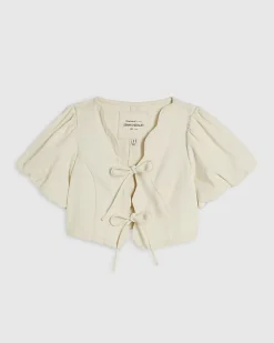 Cream Tie Front Puff Sleeve Denim Top