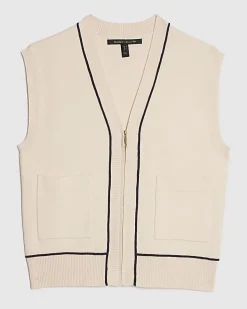 Cream Tipped Zip Through Sleeveless Cardigan