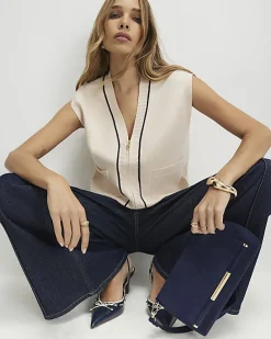 Cream Tipped Zip Through Sleeveless Cardigan