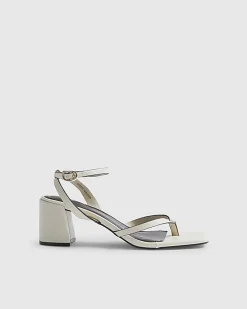 Cream Toe Thong Block Heel Sandals