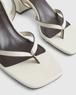 Cream Toe Thong Block Heel Sandals
