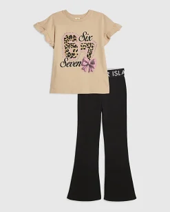 Girls Beige Leopard 67 T-Shirt & Leggings Set