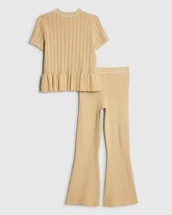 Girls Beige Peplum Hem Short Sleeve Top Set