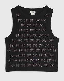 Girls Black Bow Diamante Tank Top