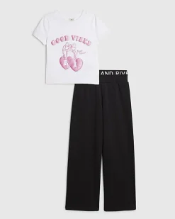 Girls Black Bow Good Vibes Tracksuit Set