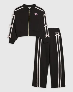 Girls Black Bow Taping Tracksuit Set