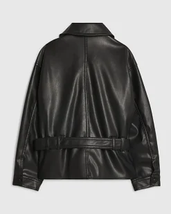 Girls Black Faux Leather Belted Jacket