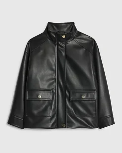 Girls Black Faux Leather Funnel Bomber Jacket
