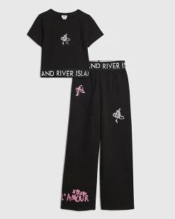 Girls Black Graffiti Wide Leg Trousers Set