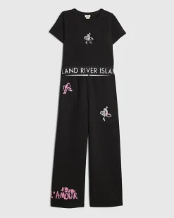 Girls Black Graffiti Wide Leg Trousers Set