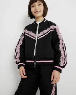 Girls Black Lace Trim Bomber Jacket