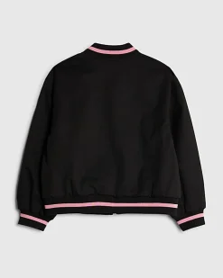 Girls Black Lace Trim Bomber Jacket