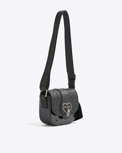 Girls Black Monogram Heartlock Cross Body Bag