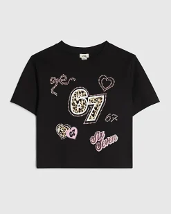Girls Black Patchwork Six Seven Crop T-Shirt