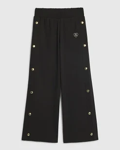 Girls Black Popper Detail Wide Leg Trousers