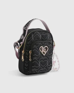 Girls Black Quilted Heart Cross Body Bag