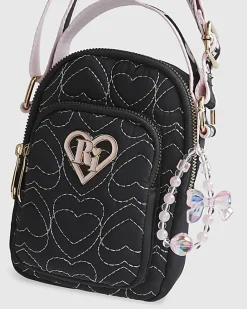 Girls Black Quilted Heart Cross Body Bag