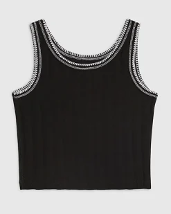 Girls Black Ribbed Contrast Stitch Tank Top