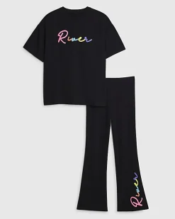 Girls Black River T-Shirt And Leggings Set
