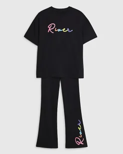 Girls Black River T-Shirt And Leggings Set