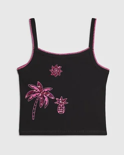 Girls Black Sequin Palm Tree Cami Top
