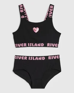 Girls Black Strappy Crop Top And Brief Set