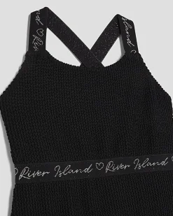 Girls Black Textured Swimsuit