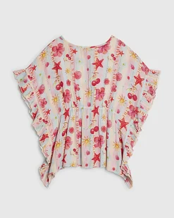 Girls Blue Beach Print Stripe Kaftan
