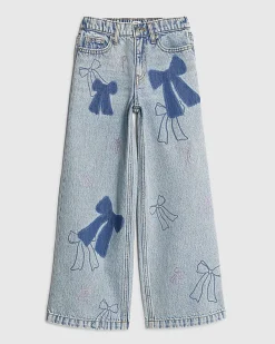 Girls Blue Bow Patchwork Wide Leg Jeans