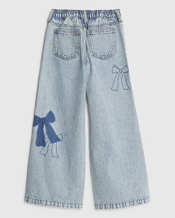 Girls Blue Bow Patchwork Wide Leg Jeans