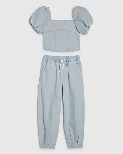 Girls Blue Cargo Barrel Trousers And Top Set
