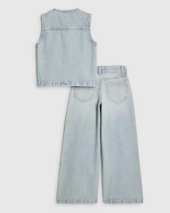Girls Blue Denim Embellished Waistcoat Set