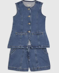 Girls Blue Denim Waistcoat And Shorts Set