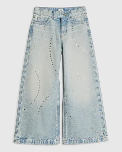 Girls Blue Diamante Wide Leg Jeans