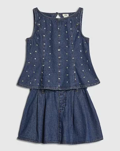 Girls Blue Embellished Peplum Denim Skirt Set