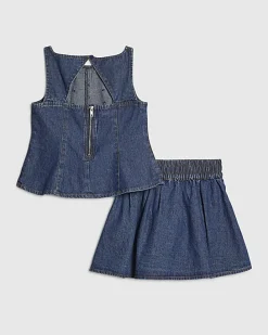 Girls Blue Embellished Peplum Denim Skirt Set