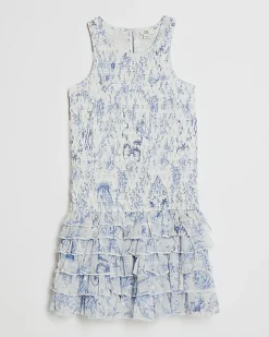 Girls Blue Floral Chiffon Hem Dress