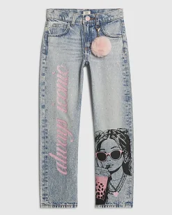 Girls Blue Graffiti Pom Straight Leg Jeans