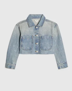 Girls Blue Heart Embellished Denim Jacket