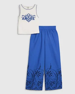 Girls Blue Laser Cut Trousers Set