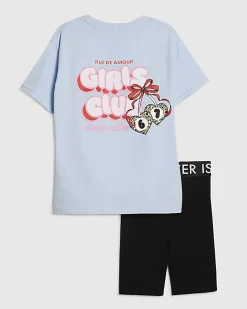 Girls Blue Leopard Girls Club 67 T-Shirt Set