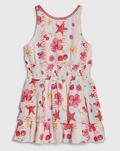 Girls Blue Printed Scalloped Dress