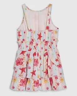 Girls Blue Printed Scalloped Dress