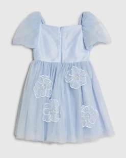 Girls Blue Puff Sleeve Floral Tulle Dress