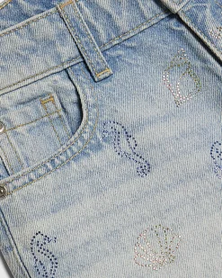 Girls Blue Seahorse Embellished Denim Shorts