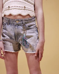 Girls Blue Seahorse Embellished Denim Shorts
