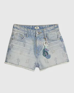 Girls Blue Seahorse Embellished Denim Shorts