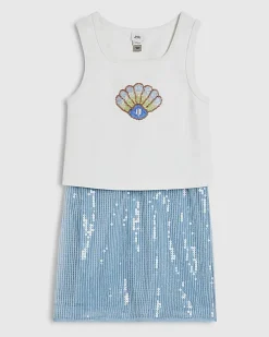 Girls Blue Shell Sequin Skirt Set
