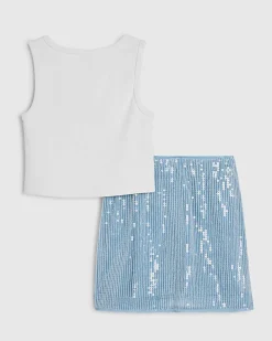 Girls Blue Shell Sequin Skirt Set